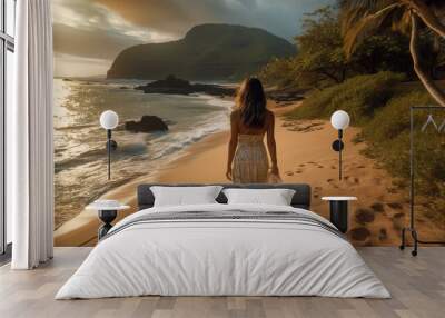 Hawaii Travel Woman Walking on Beach Wall mural