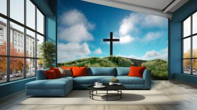 One cross on the green hill and clouds on blue sky Wall mural