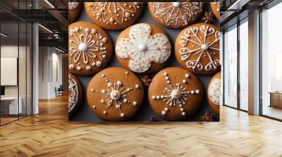 Artisanal Gingerbread Cookies Decorated with Delicate Snowflake and Floral Designs,  Adorned with White Frosting and Pearl-Like Accents Wall mural