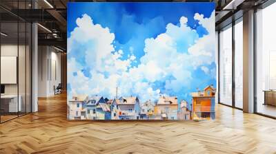 Illustration of houses in little town with the background of clear blue sky Wall mural