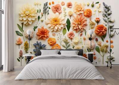 Various kind of flowers, in orange, yellow and white color, on the table, knolling style Wall mural