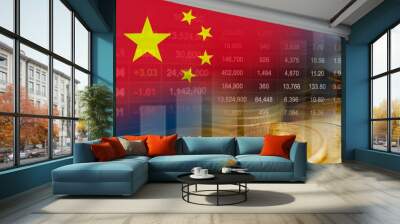 China flag with stock market finance, economy trend graph digital technology. Wall mural