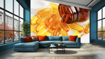 Fish oil or Cod liver oil gel in capsules with omega 3 vitamins, supplementary healthy food Wall mural