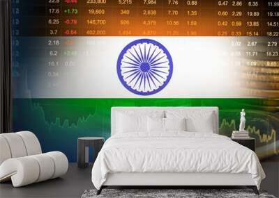 India flag with stock market finance, economy trend graph digital technology. Wall mural