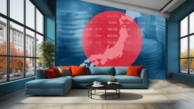 Japan flag and map with stock market finance, economy trend graph digital technology. Wall mural