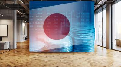 Japan flag with stock market finance, economy trend graph digital technology. Wall mural