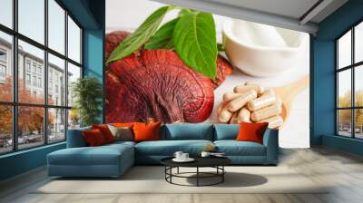 Lingzhi or Reishi mushroom with capsules, organic natural healthy food. Wall mural