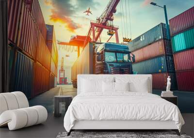 Logistics, container Cargo ship transportation with working crane bridge in deep sea port for import export. Wall mural