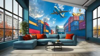 Logistics, container Cargo ship transportation with working crane bridge in deep sea port for import export. Wall mural