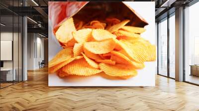 Potato chips in open bag, delicious BBQ seasoning spicy for crips, thin slice deep fried snack fast food. Wall mural