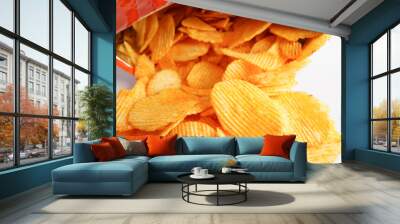 Potato chips in open bag, delicious BBQ seasoning spicy for crips, thin slice deep fried snack fast food. Wall mural