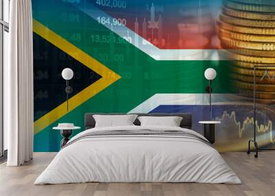 South Africa flag with stock market finance, economy trend graph digital technology. Wall mural