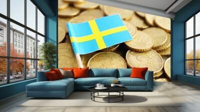 Sweden flag on coins background, finance and accounting, banking concept. Wall mural