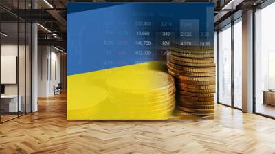 Ukraine flag with stock market finance, economy trend graph digital technology. Wall mural