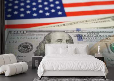 US America flag with dollar banknote, finance banking. Wall mural