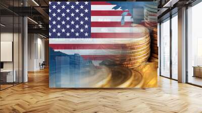 US America flag with stock market finance, economy trend graph digital technology. Wall mural