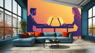 A digital illustration of a man and woman seated at a table, each using laptops, with a colorful gradient background suggesting a productive discussion or collaboration. Wall mural