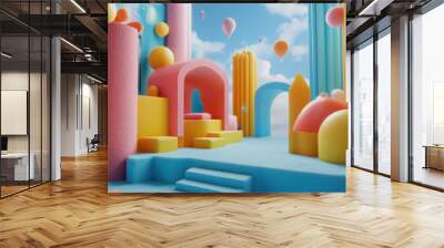 Colorful abstract playground with whimsical shapes and vibrant balloons under a bright blue sky with scattered clouds. Wall mural