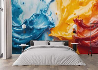 Vibrant abstract paint splash in blue, yellow, and red creating a dynamic, colorful and fluid artistic background full of movement and energy. Wall mural