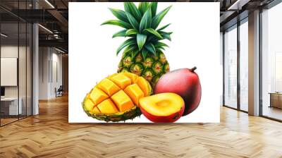 Fresh tropical fruit assortment with pineapple, mango, and apple. Vibrant, juicy, and ready to eat. Perfect for healthy snacking or recipes. Wall mural