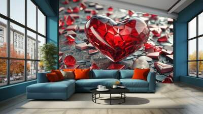 Fragmented crimson heart lies amidst shards of splintered glass, poignantly conveying the anguish and devastation of a fractured relationship. Wall mural