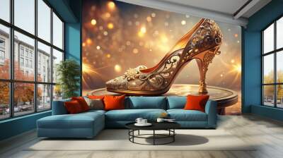 Magnificent, delicate, crystal-clear shoe with intricate designs and sparkling facets, sitting elegantly on a velvet pedestal, surrounded by soft, golden light. Wall mural