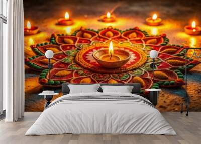 Vibrant orange and red rangoli design on rustic textured surface illuminated by warm glow of oil-filled terracotta diya at dusk. Wall mural