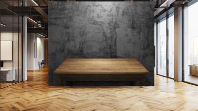 Wood table on concrete wall with light in dark background.
 Wall mural