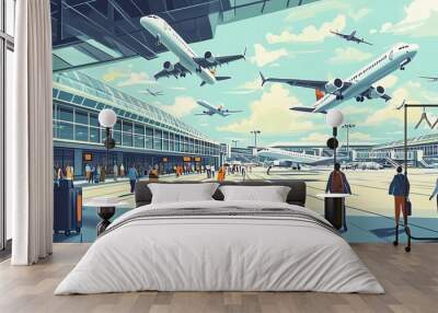 A vibrant illustration of an airport filled with passengers and flying airplanes under a bright sky, showcasing travel and adventure. Wall mural