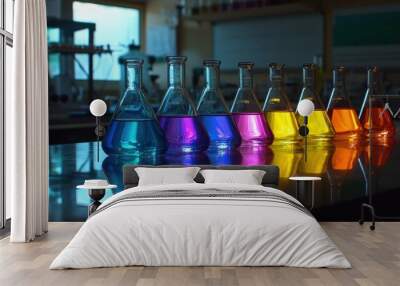 Colorful laboratory glassware with vibrant chemical solutions Wall mural