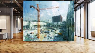 construction site with cranes and scaffolding Wall mural