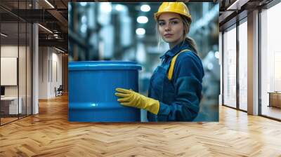 female industrial worker handling blue barrel in warehouse Wall mural