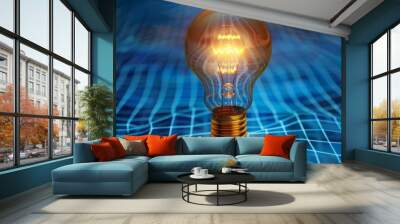 Glowing Lightbulb on Blue Grid Background Wall mural