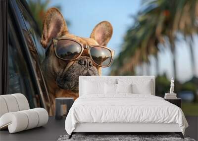 Stylish Dog in Sunglasses Looking Out Car Window Wall mural