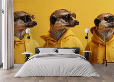 Stylish Meerkat Models in Colorful Outfits Wall mural