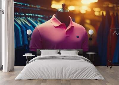 Vibrant pink polo shirt on display in clothing store Wall mural