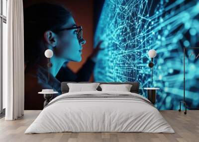 woman examining futuristic digital display Wall mural