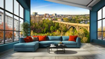 Aerial panorama of Allentown, Pennsylvania skyline and Albertus L. Meyers Bridge (aka Eighth Street Bridge) on late sunny afternoon . Allentown is Pennsylvania's third most populous city. Wall mural