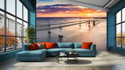 Aerial panorama of Chesapeake Bay Bridge at sunset. The Chesapeake Bay Bridge (known locally as the Bay Bridge) is a major dual-span bridge in the U.S. state of Maryland. Wall mural