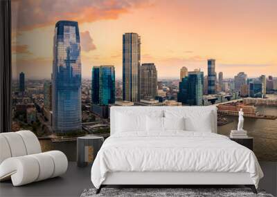 Aerial panorama of Jersey City skyline at sunset. Wall mural