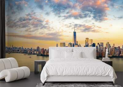 Aerial panorama of New York City skyline at sunset with both midtown and downtown Manhattan Wall mural