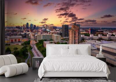 Aerial view of Kansas City skyline at dusk, viewed from Penn Valley Park. Kansas City is the largest city in Missouri. Wall mural