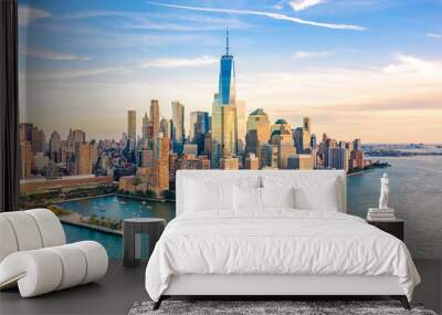 Aerial view with Lower Manhattan skyline at sunset viewed from above Hudson River Wall mural