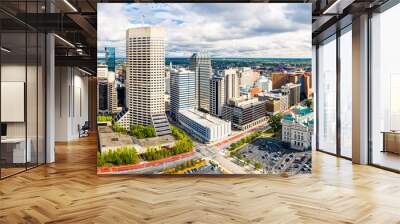 Drone view of the Indiana Statehouse and Indianapolis skyline on a late afternoon. Indianapolis is the state capital and most-populous city of the U.S. state of Indiana and the seat of Marion County. Wall mural