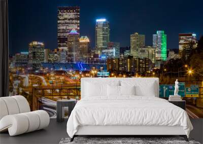 Pittsburgh skyline by night. The rush hour traffic leaves light trails on I-279 parkway Wall mural