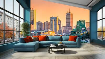 tobin bridge, zakim bridge and boston skyline panorama at sunset. Wall mural