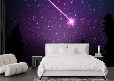 Star falling through dark night. Starry sky above dark forest. Wall mural