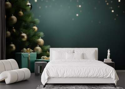 3D render Christmas background with gift boxes and christmas tree. Christmas tree with gift boxes on wooden table. Wall mural