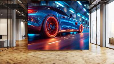 3D rendering of a sports car in the city at night. Car on the road with motion blur background,hong kong. Street racing videogame gameplay. Sport car with motion blur on the road.  Wall mural