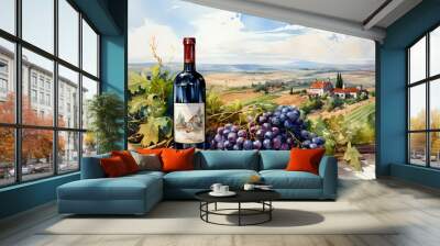 Bunch of blue grapes, red wine bottle and wine glass on landscape with hills and vineyards, Italy. Watercolor or aquarelle painting illustration.  Wall mural